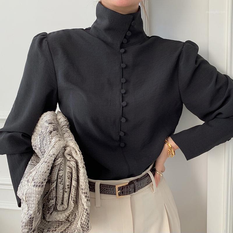 

Korean elegant turtleneck breasted design Shirt bouse for womens loose solid color lantern sleeve shirt Full Office Lady1, Picture