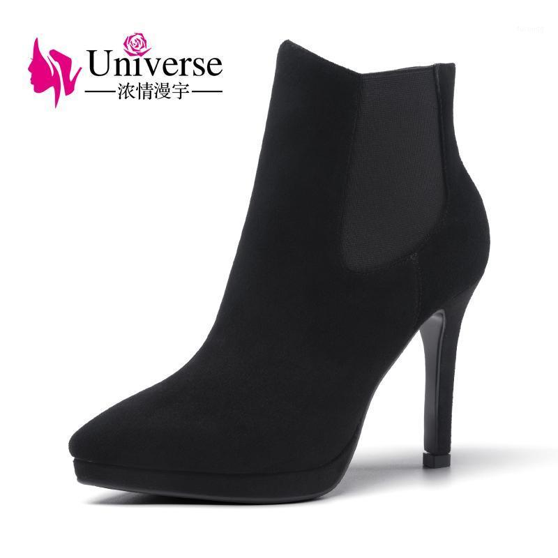 

Universe 10.5 cm super high heel women boots fashion pointed toe black gray suede leather ankle boots for ladies G3761