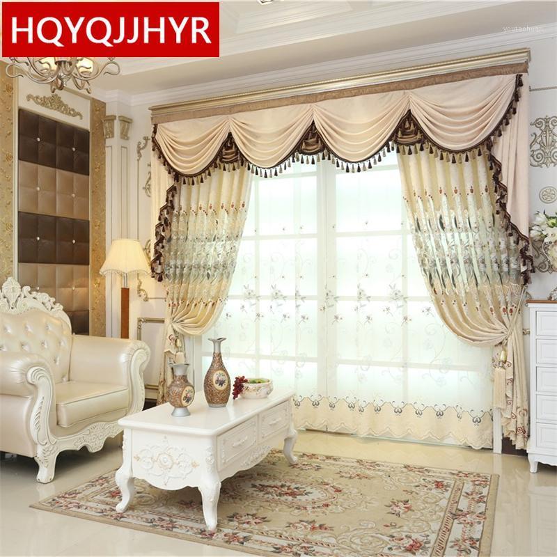 

Beige European Luxury Embroidered Curtains for Living Room Upscale Villas Custom Finished Curtains for Bedroom/Kitchen1, Tulle