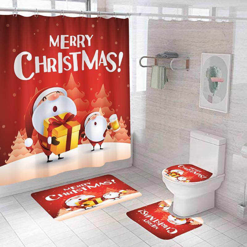

Santa Claus Sends Gifts Bathroom Shower Curtain and Rug Sets Merry Christmas Bath Curtains Set Anti-slip Mat Toilet Lid Cover1