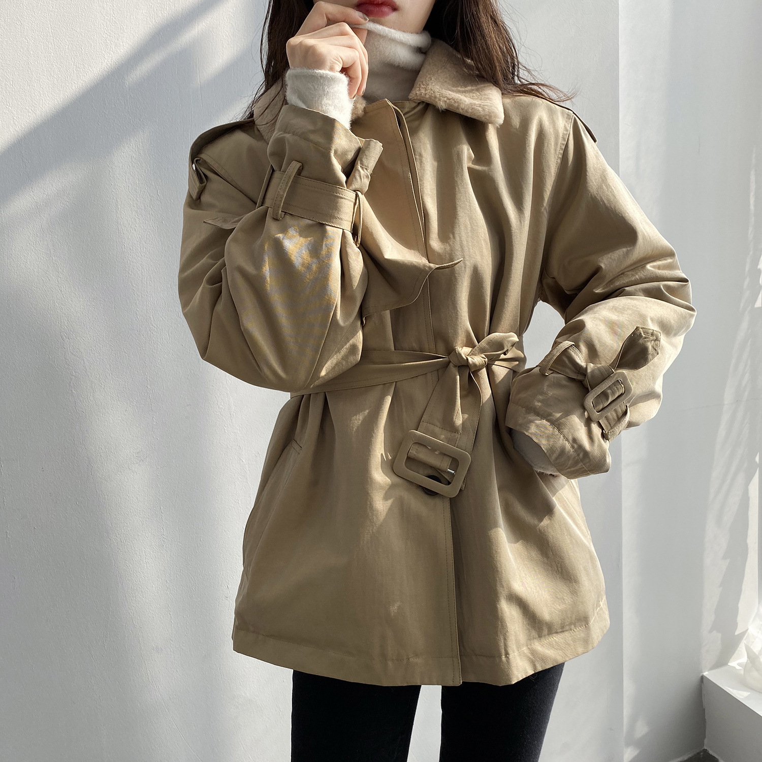 

2021 New Spring Jacket Slim Lace-up Waist Rabbit Fur Inner Women Tops Khaki Coat Jackets Outwear Dr7x, Beige