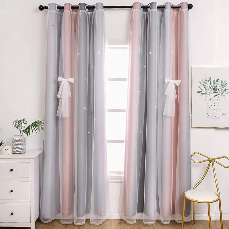 

Modern Blackout Curtains For Kids Girls Bedroom Window Colorful Double Layer Star Cut Out Curtains Ready Made Finished Drapes, Pink-grey