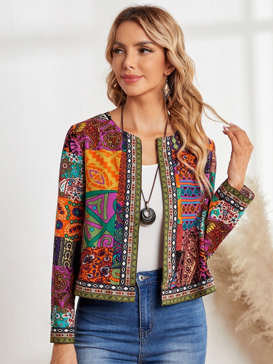 

EMERY ROSE Geo And Paisley Print Open Front Jacket 68l3#, Multicolor