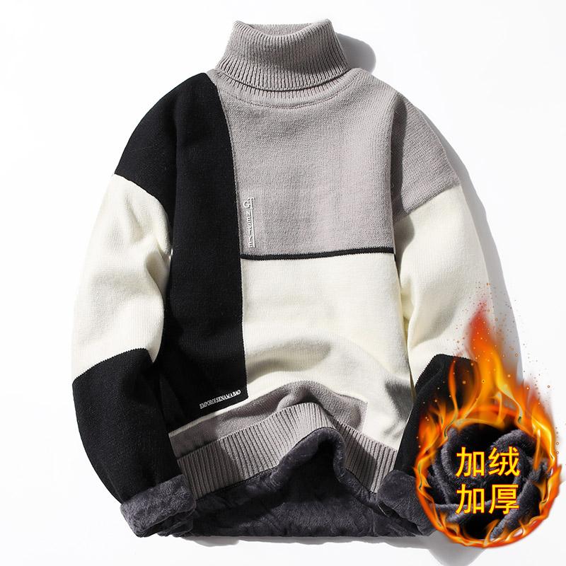 

Autumn and winter lapel sweater men plus velvet thick Korean knit bottoming shirt teenagers high-necked sweater, Black