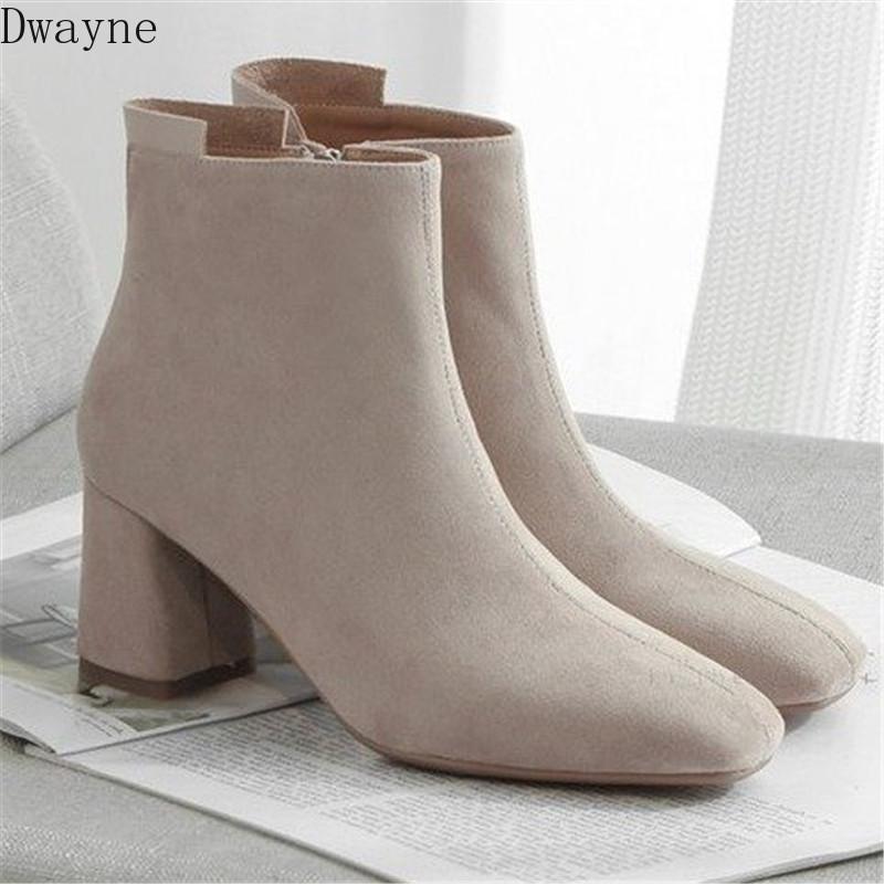 

Women's boots frosted 2020 autumn and winter new suede square head boots1, Beige