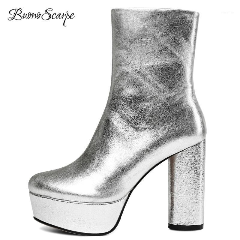 

BuonoScarpe 2020 Women Platform High Heel Boots Genuine Leather Zipper Ankle Boots Brand Design Silver Black Big Size Shoes Boot1