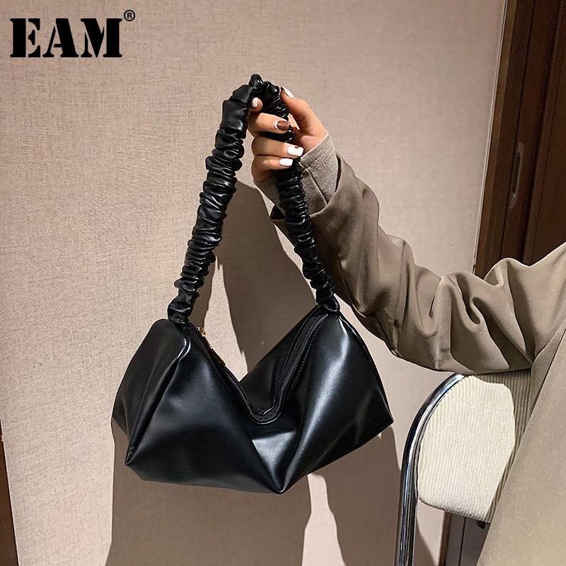 

[EAM] Women New Pleated Strap Quality PU Leather Flap Personality All-match Crossbody Shoulder Bag Fashion Tide 2021 18A1390, Black