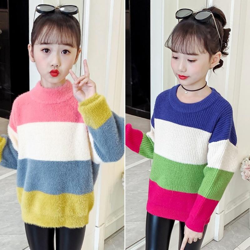 

Girls Striped Sweater O-Neck Stretch Sweater Contrasting Casual Bottoming Winter Clothes for Girls Knitted, Green