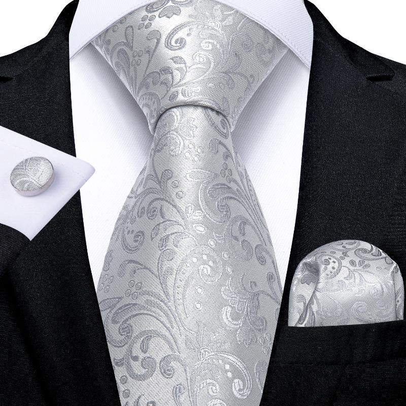 

Bow Ties DiBanGu Men Necktie White Silver Pasiley Designer Silk Wedding Tie For Hanky Cufflink Set Business Party MJ-1169