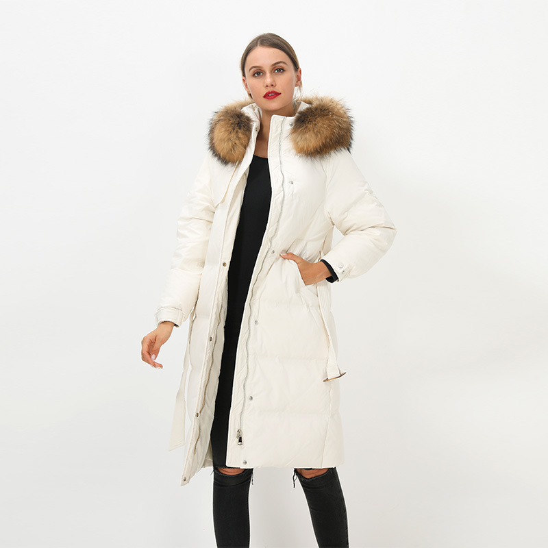 

2021 Real Large Natural Skin Collar New Women Winter 90% White Thick, Wind-proof Female Belt with Hood Down Jacket R3GI, Beige for fur