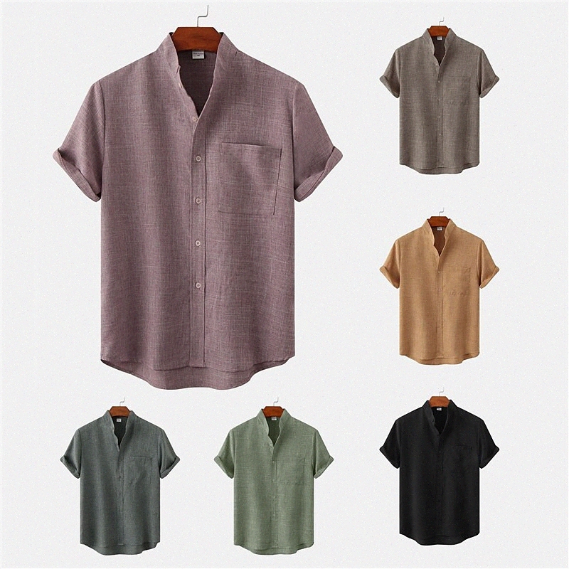 Men's Shirt Solid Color Stand Collar Street Casual Button-Down Short Sleeve Tops Casual Fashion Comfortable Black Light Green Khaki n8S0#
