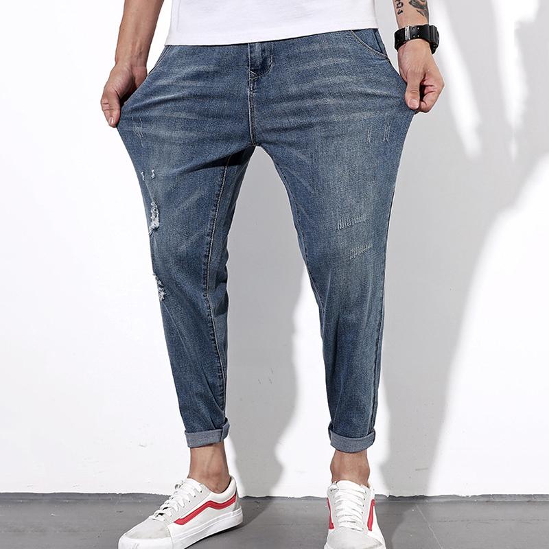 

New nine-point ripped denim jeans loose thin nine-point jeans long oversized plus size stretch harem cotton fashion casual, Photo color