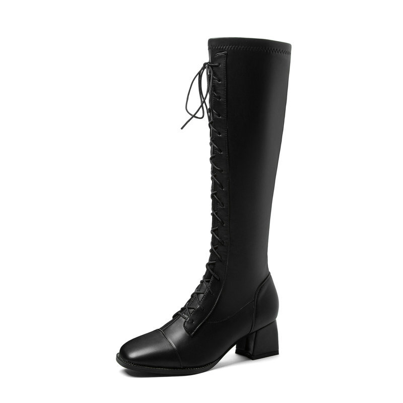 

2021 New Knee High Boots Autumn Winter Square Heel Round Toe Women Shoes Pu Leather Lace Up Long Boot Size 34-43 9adu, Black