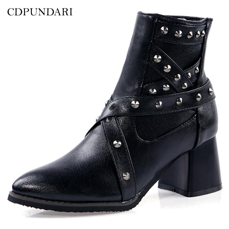 

Black Brown Rivet Ankle Boots For Women High Heels Punk Boots Ladies Autumn Winter Short Shoes Woman Bottines Femme