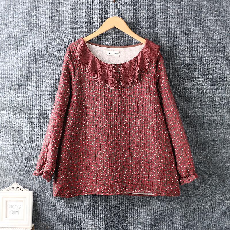 

2020 new autumn shirt tops sweet little fresh cotton linen tops loose embroidered Lapel long sleeve shirt woman, Red