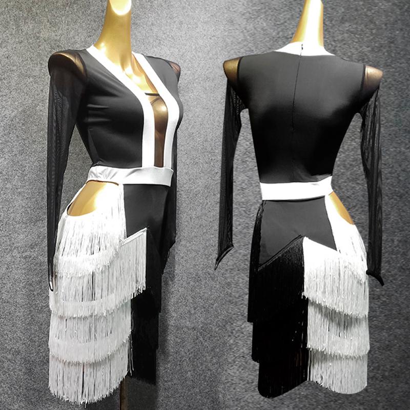 

Latin Dance Dress Women Black&White Tassels Fringe Dance Costume Flamengo Rumba Dancing Dress Competition VDB1035