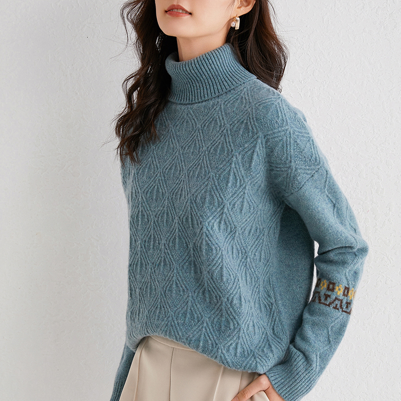 

2021 New Fashion Turtleneck Pullovers Female 100% Cashmere and Wool Knitted Sweaters Women Long Sleeve Warm Soft Knitwear 0x3a, Blue