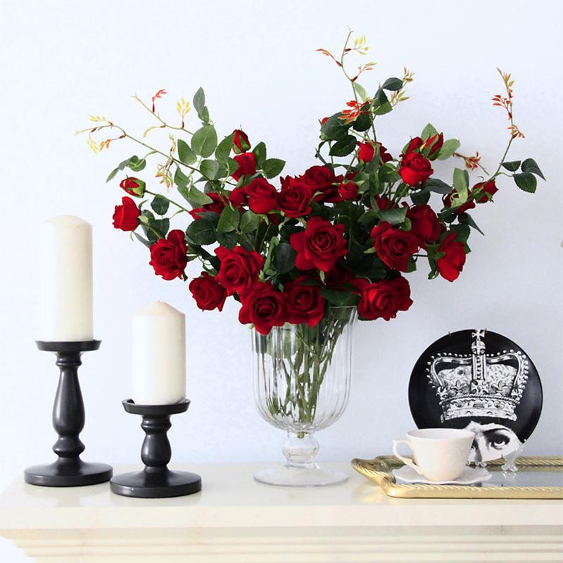 

5Pcs 5 head flannel rose artificial flower home decoration fake flowers bouquet wedding road leads simulation rose flower branch1, Sunset red rose