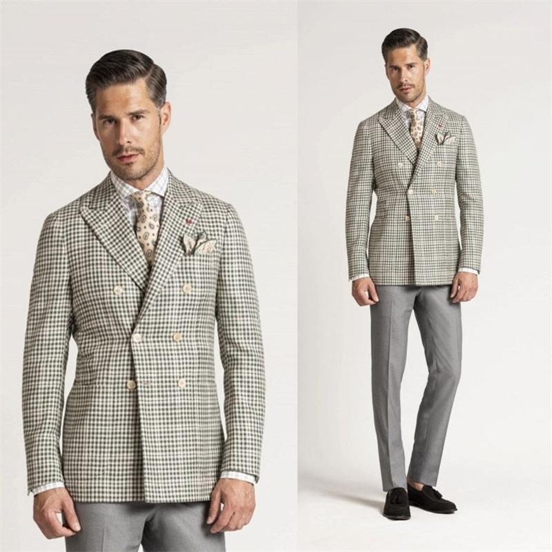 

2 Piece (Coat+Pants) Beige Lattice British Gentleman Mens Suits Peaked Lapel Plaid Leisure Business Double-breasted Suit1, Khaki