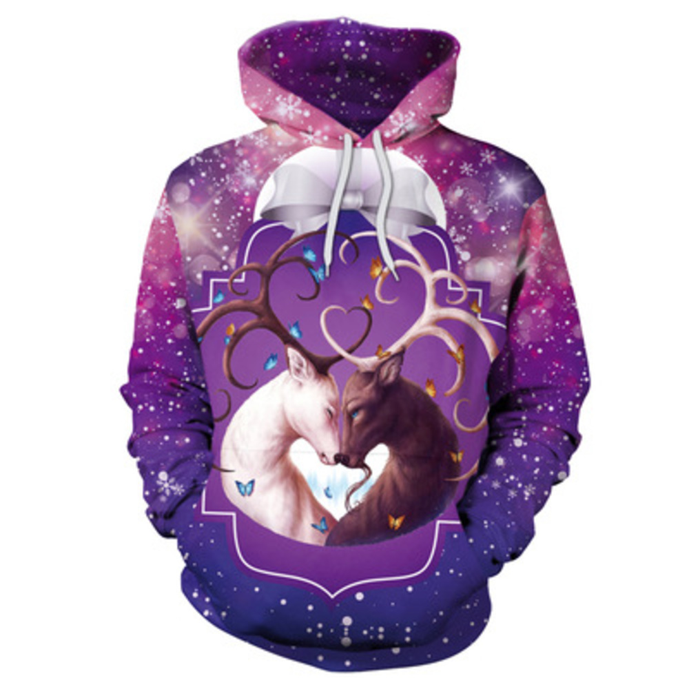 

2019 new European and American elk 3d digital printing loose hooded sweater