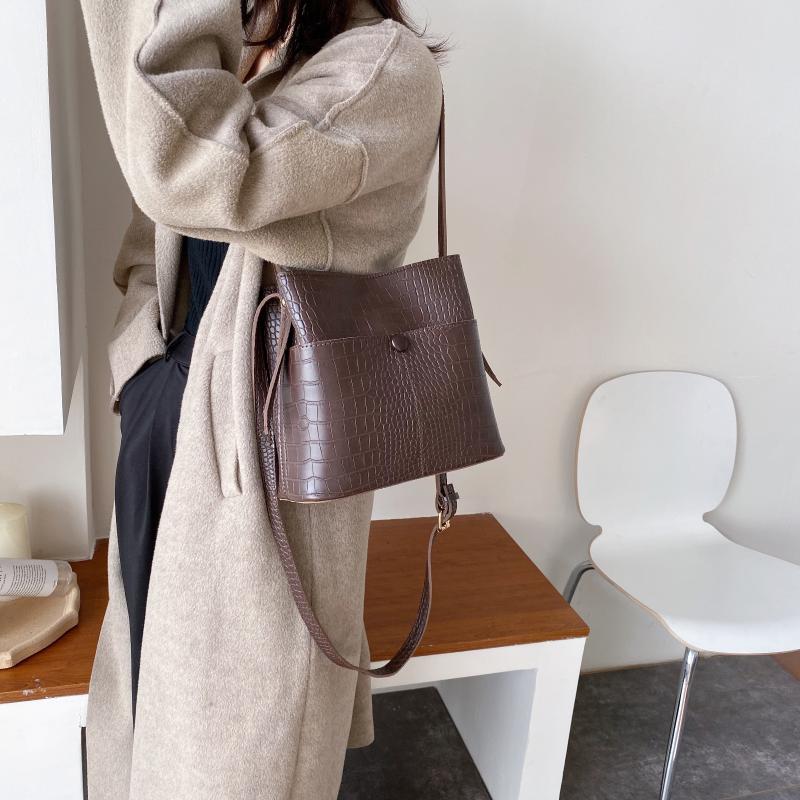 

New Stone Pattern PU Leather Bucket Bags For Women's 2021 Small Shoulder Simple Bag Female Travel Handbags, Black