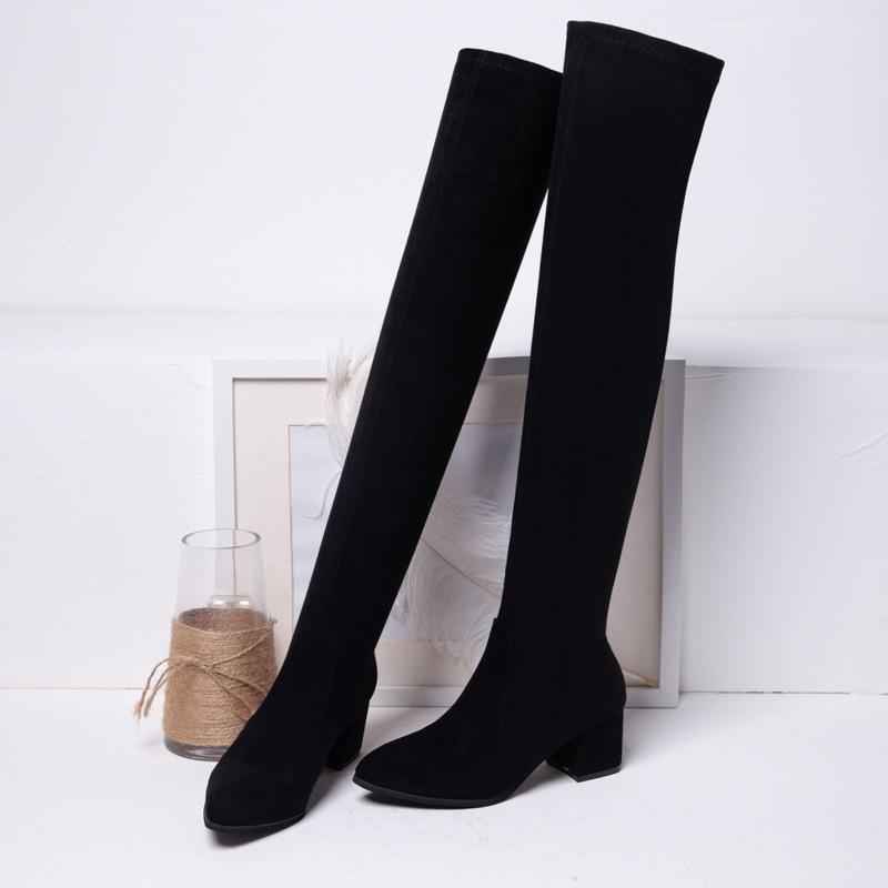 

women's shoes in autumn of 2020, Fashion trend of new comfortable and solid color long tube over knee, Black velvet