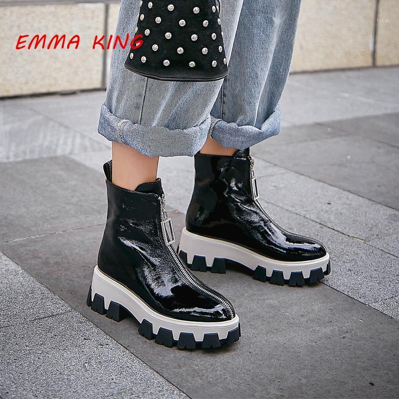 

Black Women Round Toe Flat Heel Motorcyle Boots 2020 Runaway Fashion Front Zip Boots Patent Leather Platform Shoes Woman1, As pic 1