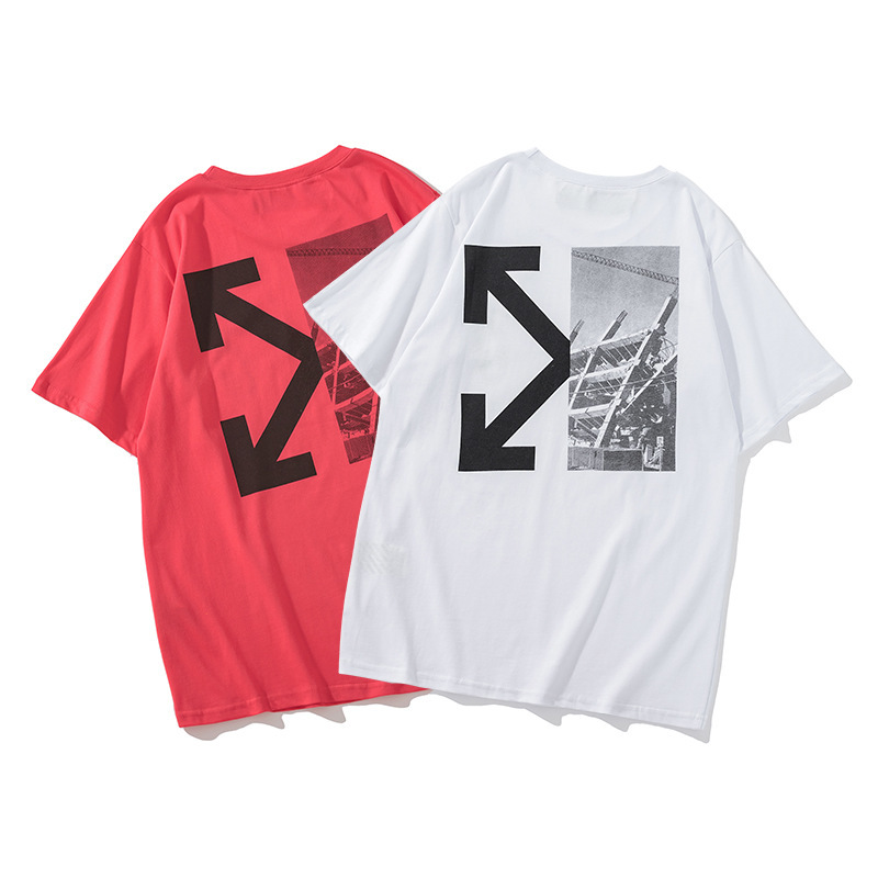 

New short sleeve t-shirt men's simple style industrial structure building splicing half arrow printing trend, White;black