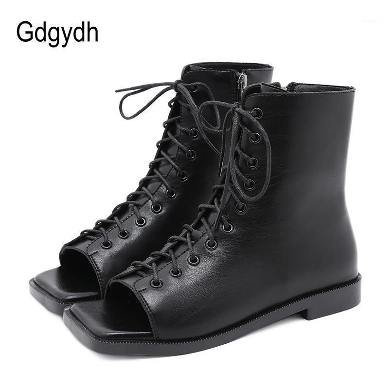 

Gdgydh Lace Up Ladies Ankle Boots Flat Heel 2020 New Fall European Shoes For Women Black Punk Open Toe Comfort Shoe High Quality1, Black shoes