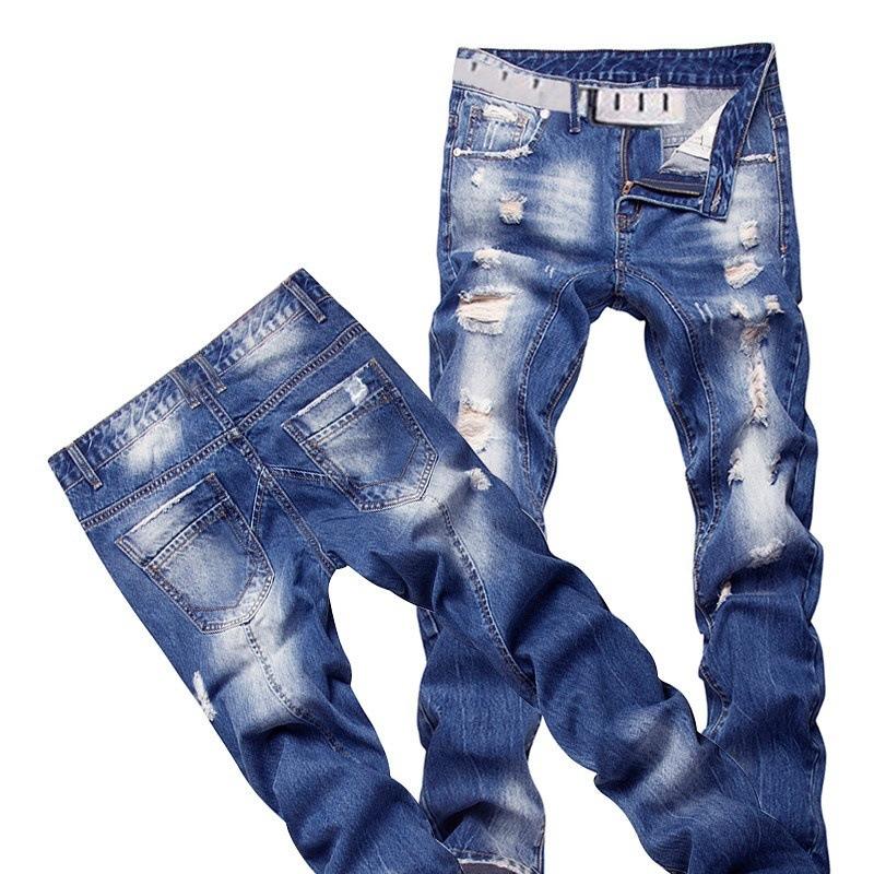 

Men jeans denim destroyed new slim-fit straight hole denim trousers casual blue black hip hop daily pants for male, 826 black