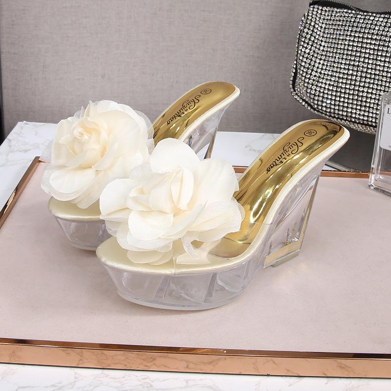 

Large Size 43 Summer Transparent Platform Crystal High Heels Sexy Flower Peep-toe Ladies Pumps 10CM Women's Wedge Heel Sandals, Beige