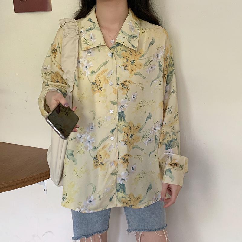 

Fashion casual floral shirts Women Blouses 2021 Spring chiffon Blouse Long sleeve Loose Tops Blusas Mujer, Yellow