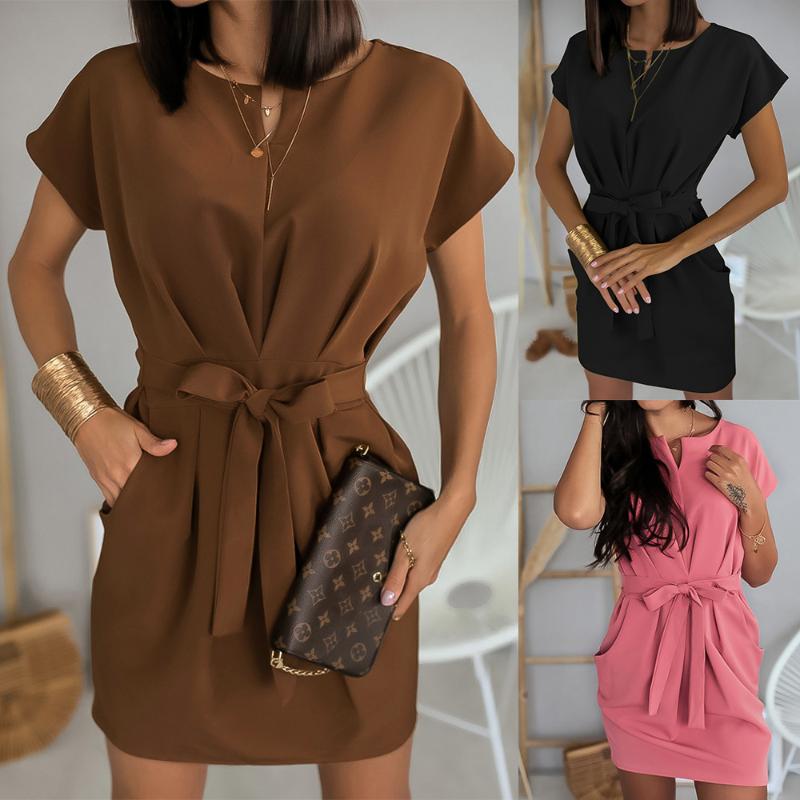

Women Elegant Summer Pocket Ruched Dress Solid Lace Up Belt Slim Waist Mini Dress 2020 Casual Short Sleeve Lady Dresses, Black