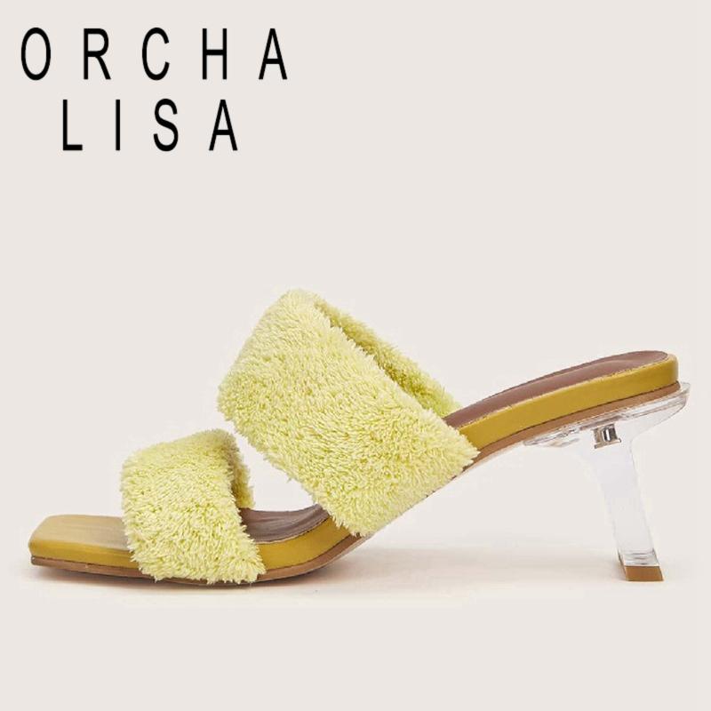 

ORCHALISA New 2021 Ladies Sandals Square Open Toe Crystal Transparent Mid Heels Jelly Fur Sexy Outdoor Female Summer A3418, Yellow