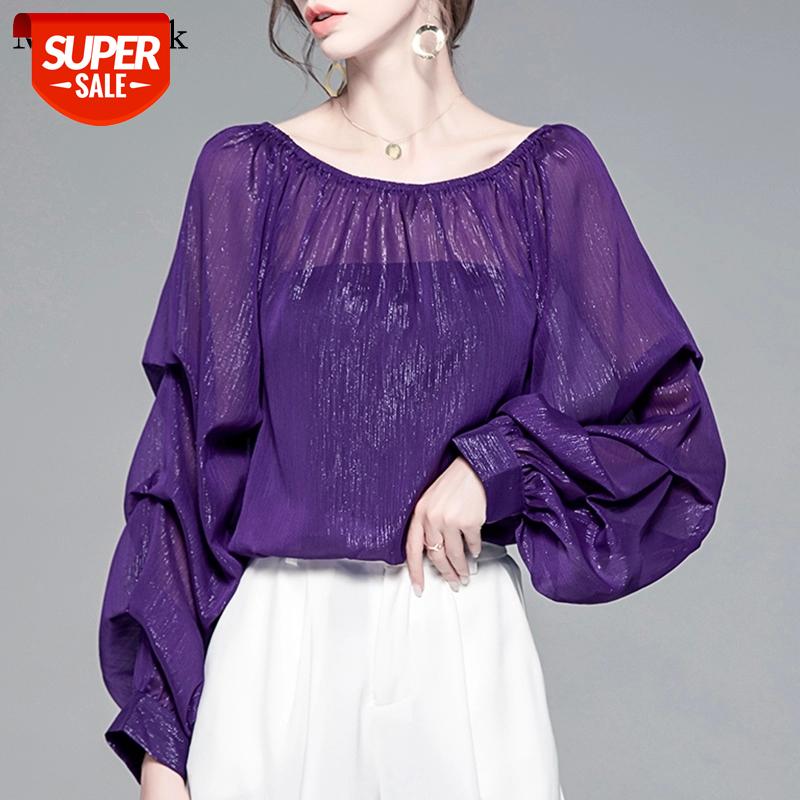 

Autumn Lantern Sleeve Purple Ladies Tops And Blouses Fashion Chiffon Blouse Women 2021 Loose Sexy Perspective Women Shirts 11842 #eD5x, White
