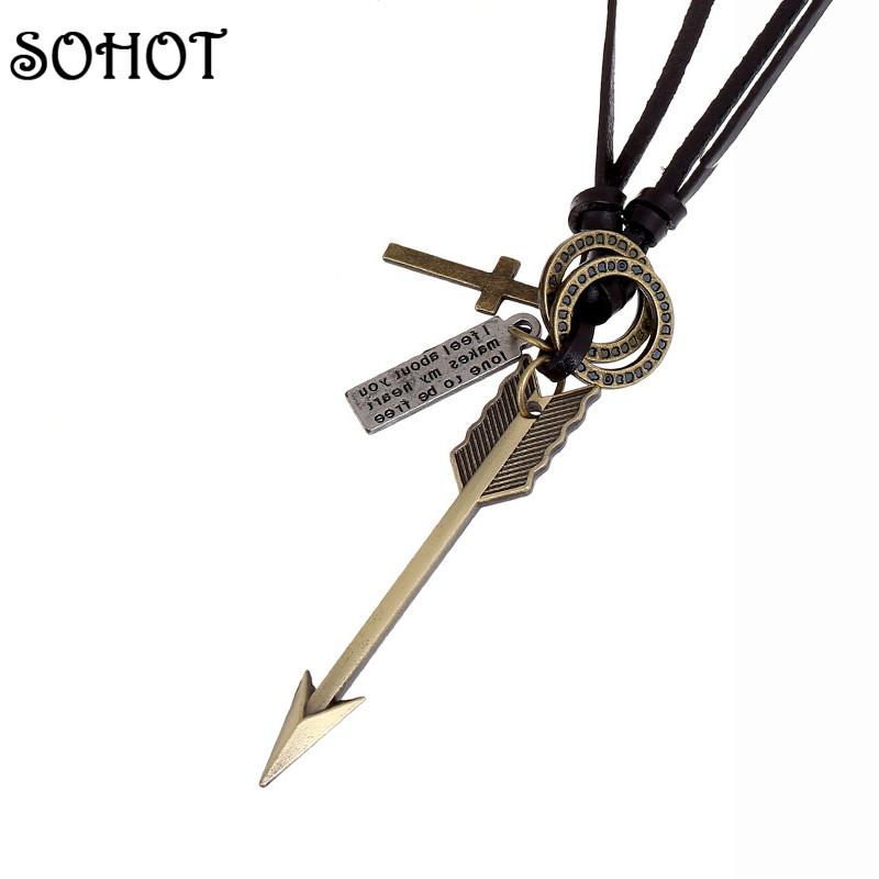 

SOHOT Punk Genuine Leather Necklaces Pendants Cupid's Arrows Cross Charms Men Women Jewelry Accessory Wholesale Price Cute Gifts