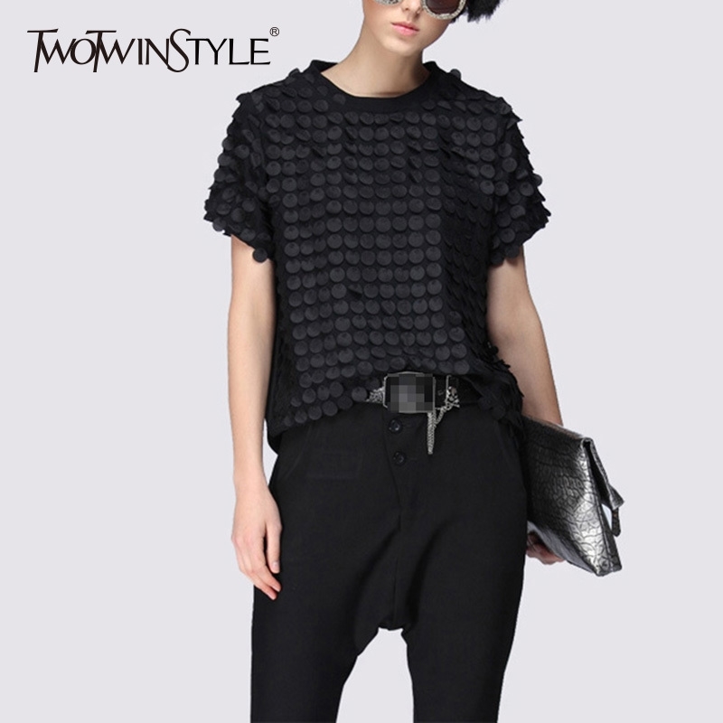 

TWOTWINSTYLE Ruffles Black T Shirt Ladies Patchwork O Neck Short Sleeve Oversize T Shirts Summer Casual Tops Clothing Y200109
