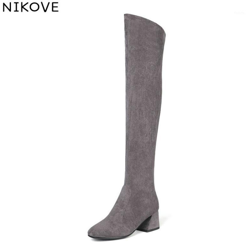 

NIKOVE 2020 Women Boots Winter Flock Western Style Square High Heel Over The Knee Boots Synthetic Sewing Ladies Size 34-431, Black