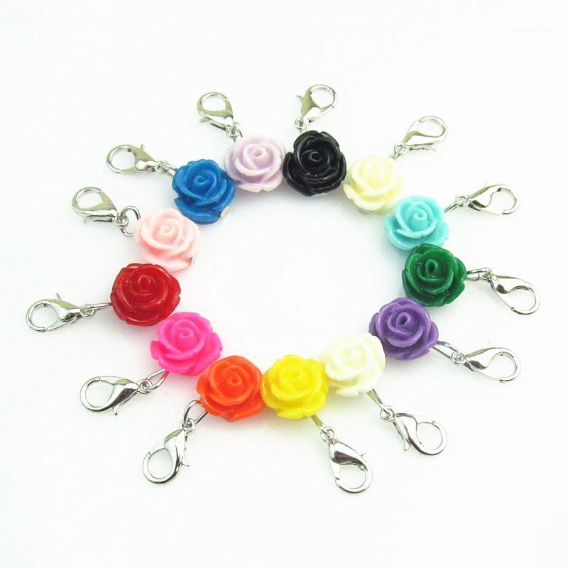 

13pcs Mixed Different color Rose Flower Dangle charm lobster clasp charms for floating lockets Pendant Jewelry1