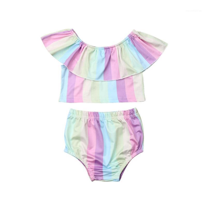 

Newborn Infant Baby Girl Kid Rainbow Clothing Set Sleeveless Ruffle Striped Top T-shirt+Shorts Pants Brief 2Pcs Summer Outfits1, As pic