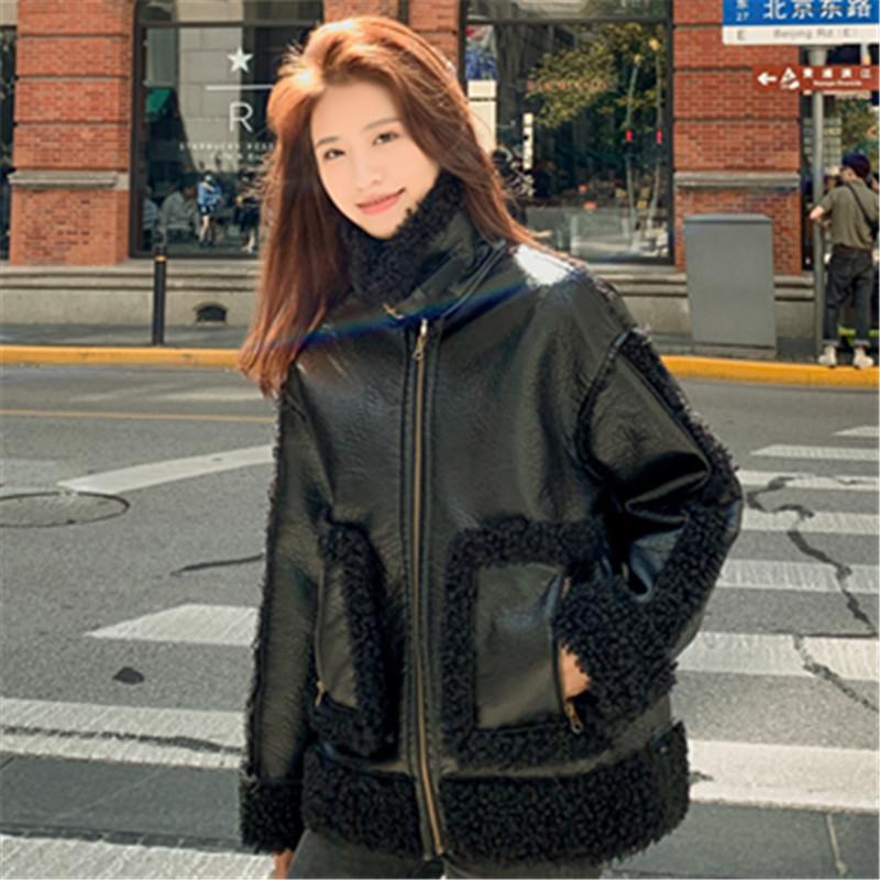 

Women's Lambswool PU Leather Stitching Cotton Coat 2020 Autumn Winter New Fur All-in-one Thicken Grain Fleece Leather Outwear, Black