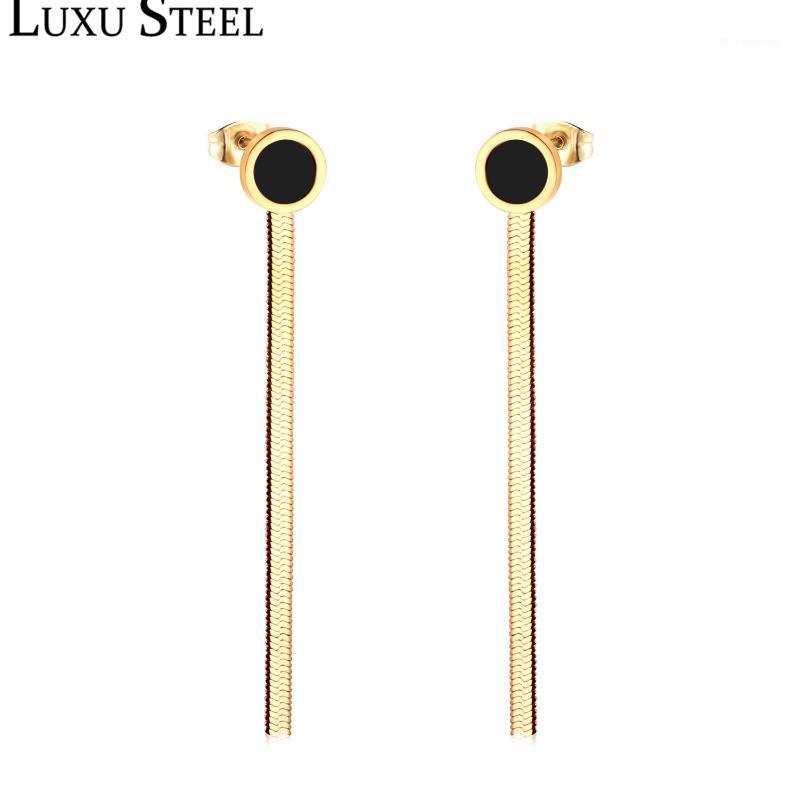 

LUXUSTEEL Black Round Shell Snake Chain Drop Earring Stainless Steel Classic Style Long Earrings Female Collier Bijoux Friend1