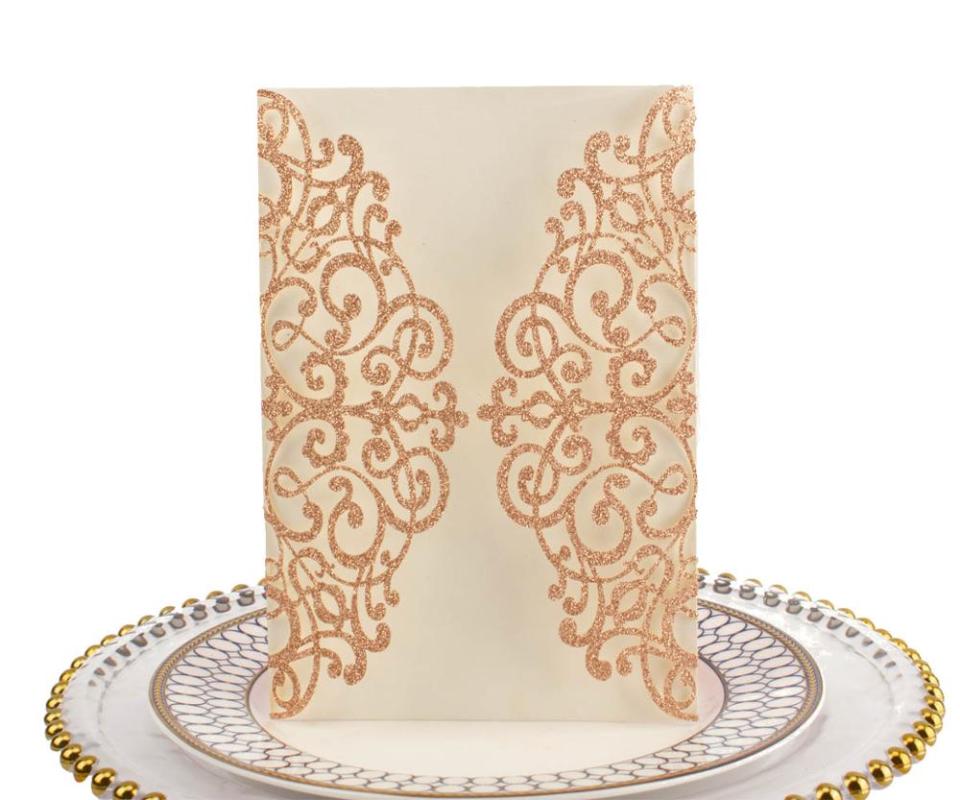 

50pcs free shipping ,Luxury Personalized rose gold glitter paper Laser Cut invites, Wedding Invitation Cards,wedding decoration