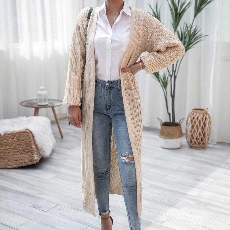 

Long Cardigan Sweater Women Autumn Winter Jumper Open Stitch Long Coat Solid Color Ribbed Trims Knitwear Casual, As pic