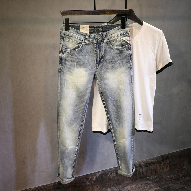 

2021 New Italian Style Fashion Retro Light Blue Elastic Slim Men Denim Pants Streetwear Vintage Designer Jeans Homme 07e5