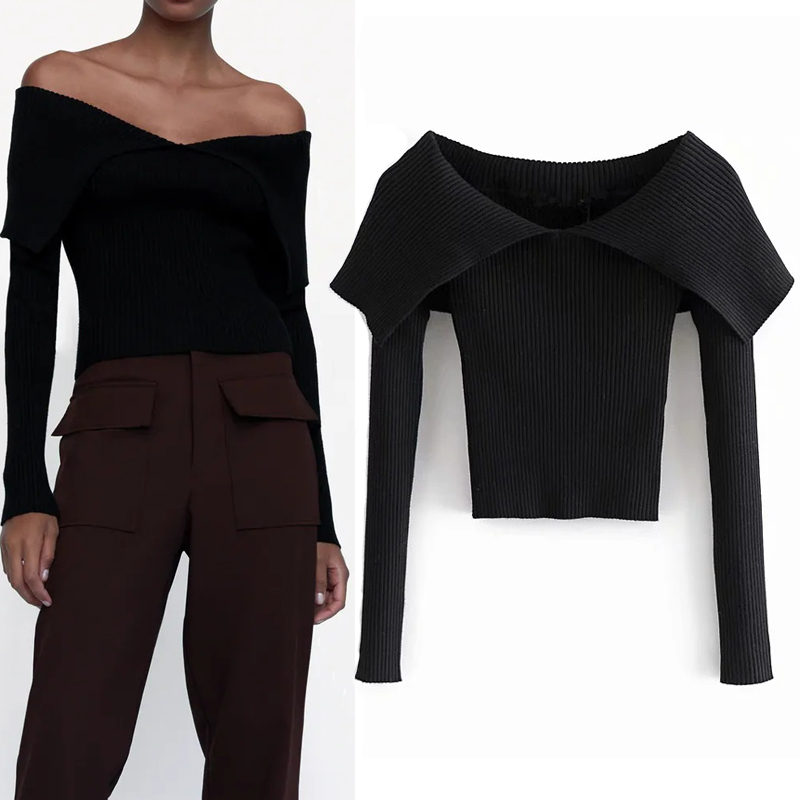 

2021 New Fall Black Fitted Cropped Knitted Sweater Fashion Long Sleeves Off Shoulder Sweaters Woman Slim Sexy Pullover Mfc1