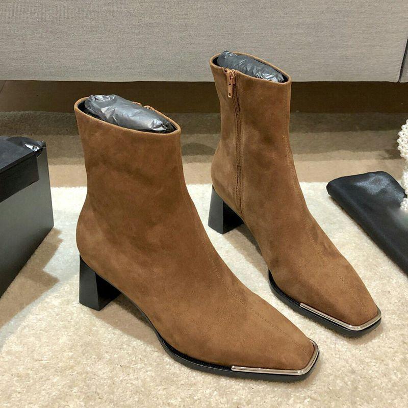 

DOYUTIG Brand European Genuine Suede Leather Women Boots Spring & Autumn Lady Rivet Genuine Leather Square Heels Shoes SA002, Brown