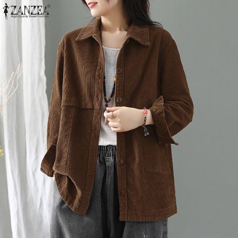 

Plus Size Vintage Corduroy Shirts Women' Autumn Blosue ZANZEA Casual Long Sleeve Blusas Female Lapel Button Tunic Button Tops, Black