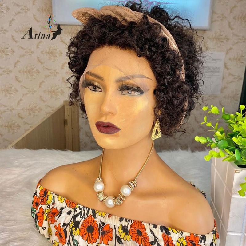 

Curly Bob Human Hair Wig Natural Hairline Pre Plucked Brazilian Remy 13x4 Lace Front Wig Bleach Knots Pixie Cut Bob Atina, Black;brown
