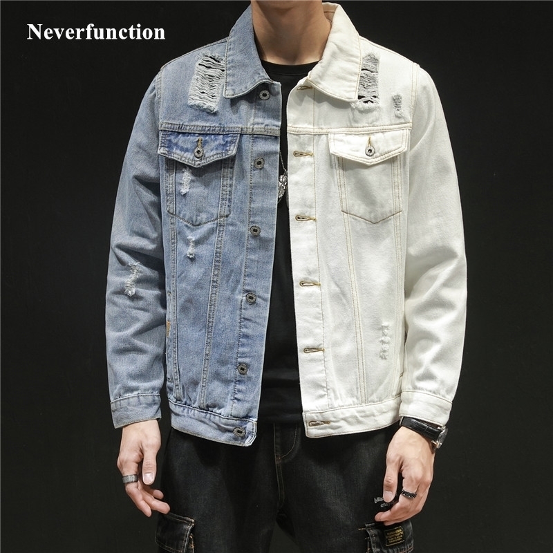 

Men Hip Hop Blue white Patchwork Slim jeans Jackets Streetwear male Solid color Cotton Casual Denim Jacket Plus Size 5XL 201124